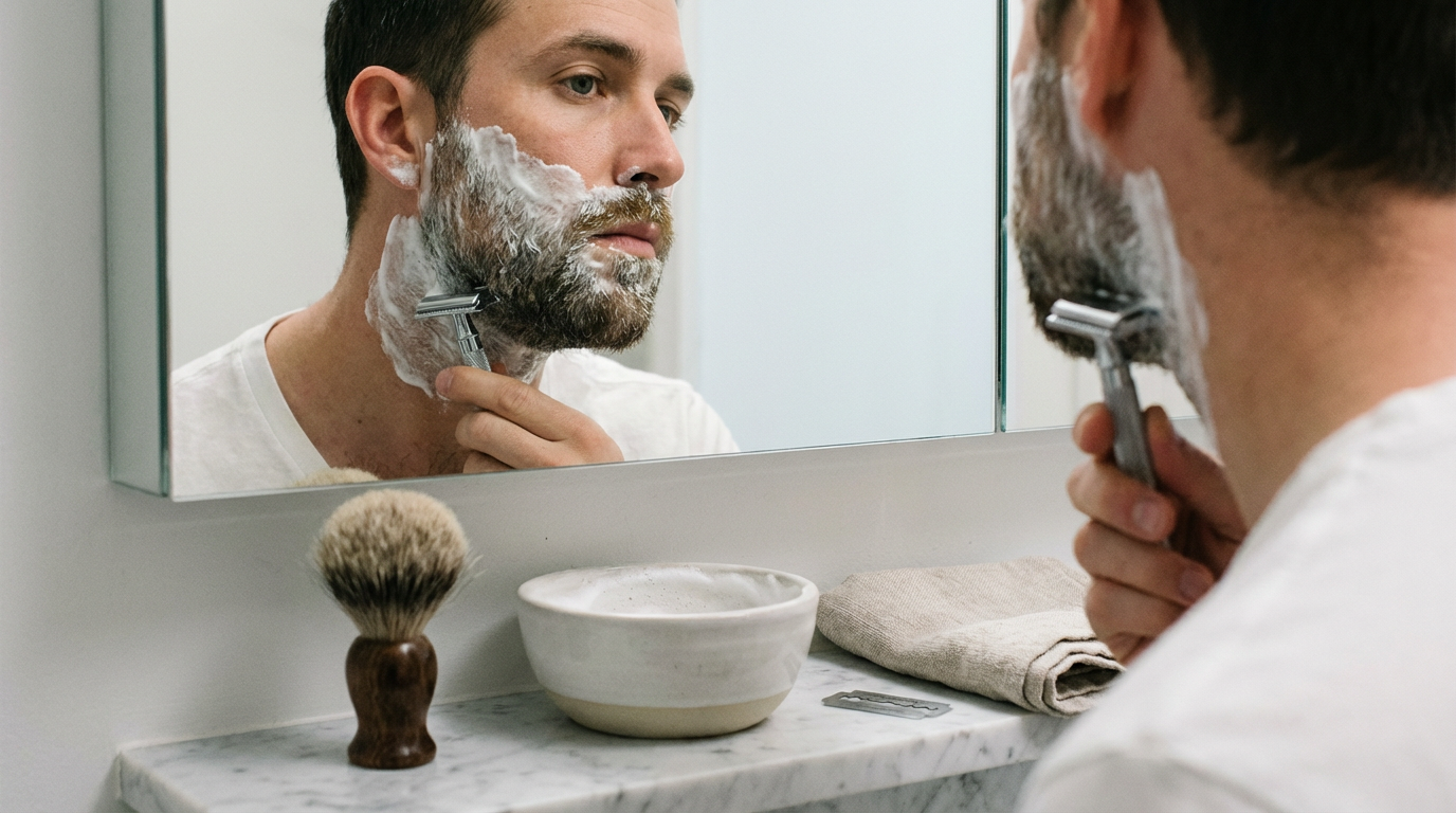 Rasoir de sûreté Lamier ALZ-PREMIUM – Argenté – homme avec barbe de 3–5 jours se rasant avec mousse épaisse et gestes courts pour éviter l’accroche