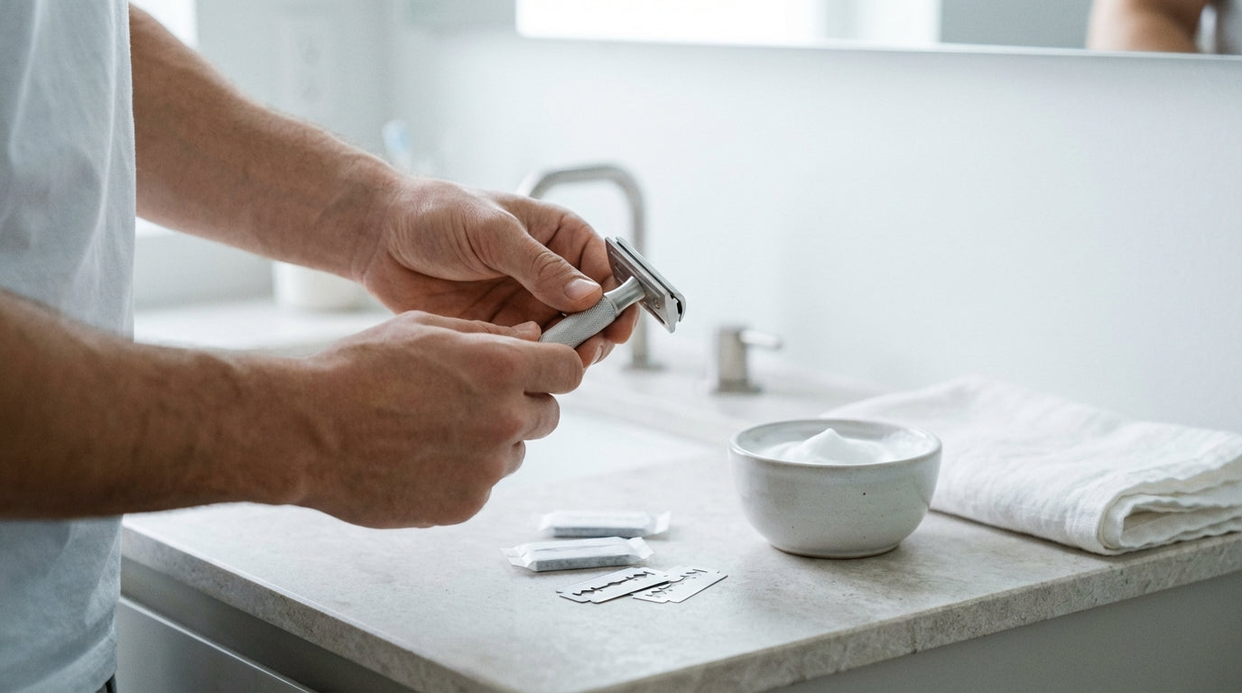 Rasoir de sûreté Lamier ALZ-PREMIUM – Argenté – main remplaçant une lame DE au-dessus du lavabo