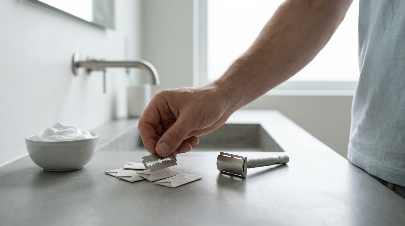 Rasoir de sûreté Lamier ALZ-PREMIUM – Argenté – main remplaçant une lame DE au-dessus du lavabo