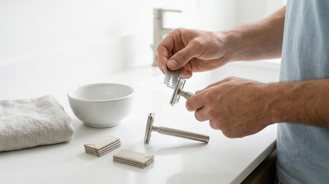 Rasoir de sûreté Lamier ALZ-PREMIUM – Argenté – trois piles de lames DE et rasoir posés sur lavabo minimaliste