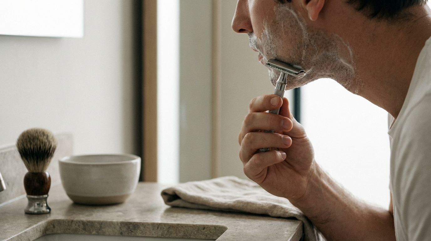 Rasoir de sûreté Lamier ALZ-PREMIUM – Argenté – main détendue tenant le manche bas pour raser sans pression avec mousse fine