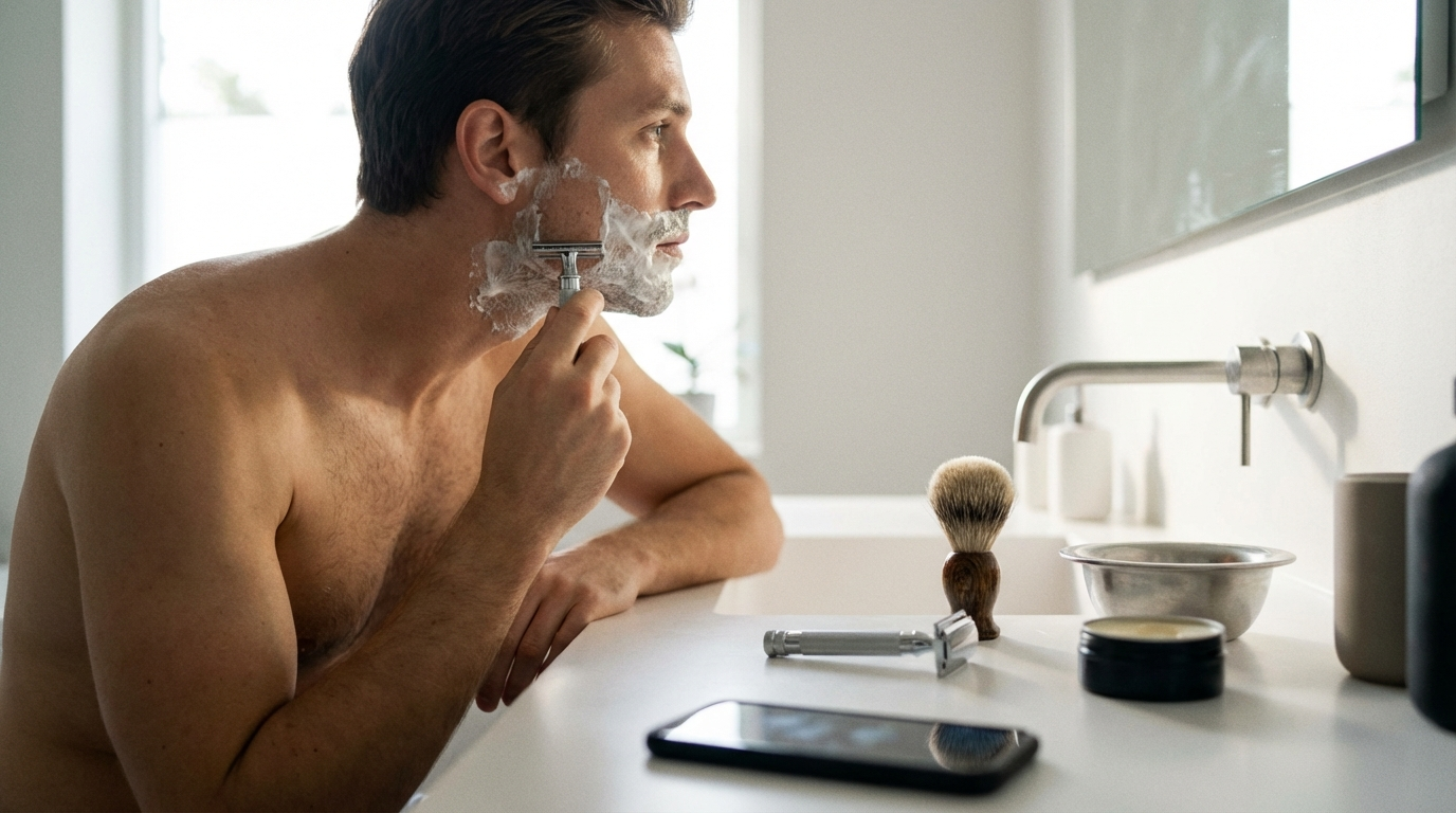 Rasoir de sûreté Lamier ALZ-PREMIUM – Argenté – routine rasage rapide avec essentiels alignés pour un rasage traditionnel en 5 minutes