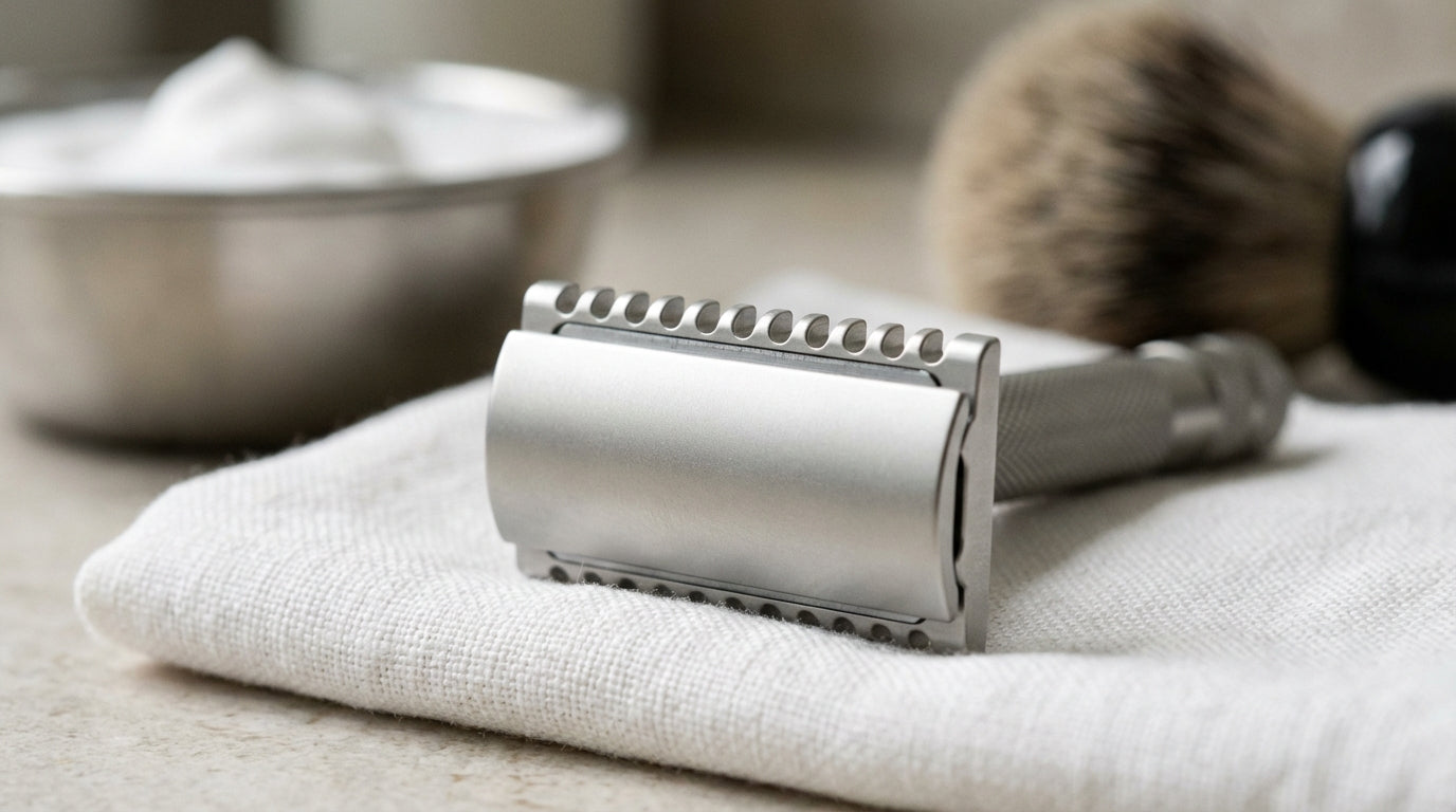 Rasoir de sûreté Lamier ALZ-PREMIUM – Argenté – gros plan sur la tête du rasoir avec peigne fermé sur lavabo minimaliste
