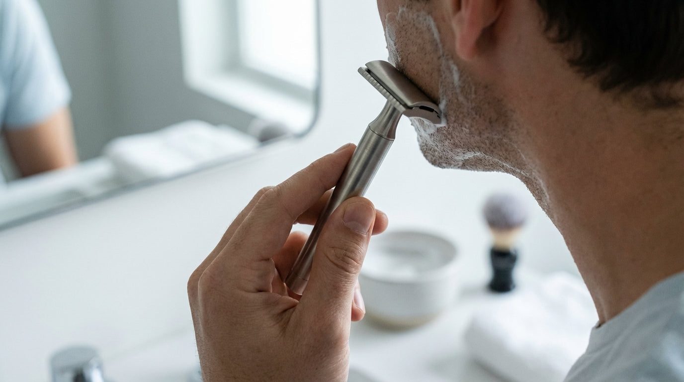 Rasoir de sûreté Lamier ALZ-PREMIUM – Argenté – main tenant le rasoir presque parallèle à la joue avec mousse légère devant miroir
