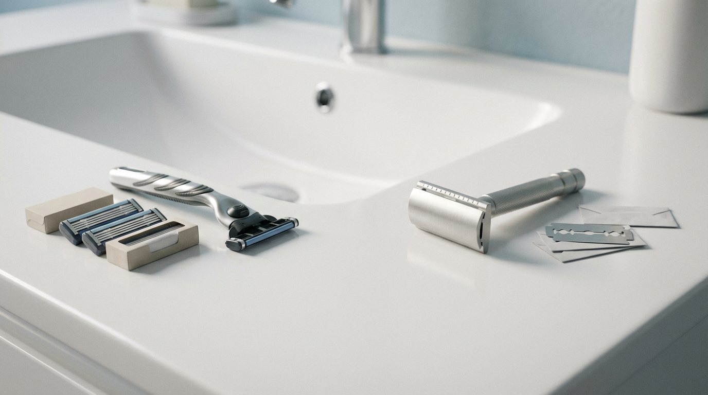 Rasoir de sûreté Lamier ALZ-PREMIUM – Argenté – rasoir multi-lames générique et lames DE posés sur lavabo minimaliste