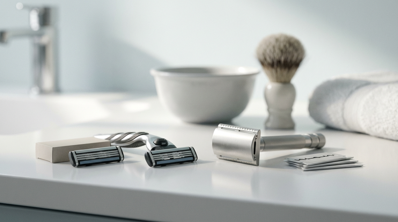 Rasoir de sûreté Lamier ALZ-PREMIUM – Argenté – rasoir multi-lames et lames DE posés côte à côte sur lavabo minimaliste