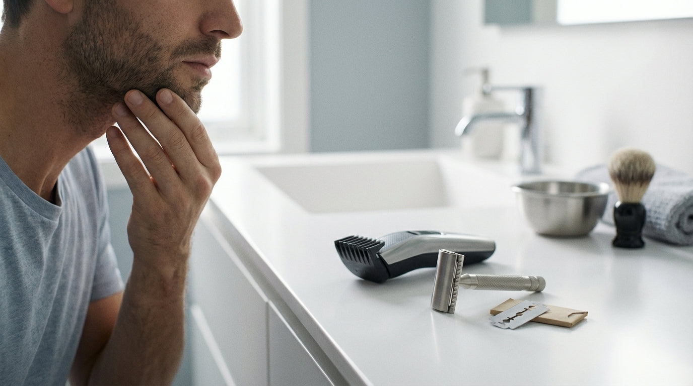 Rasoir de sûreté Lamier ALZ-PREMIUM – Argenté – tondeuse et rasoir de sûreté posés sur lavabo minimaliste