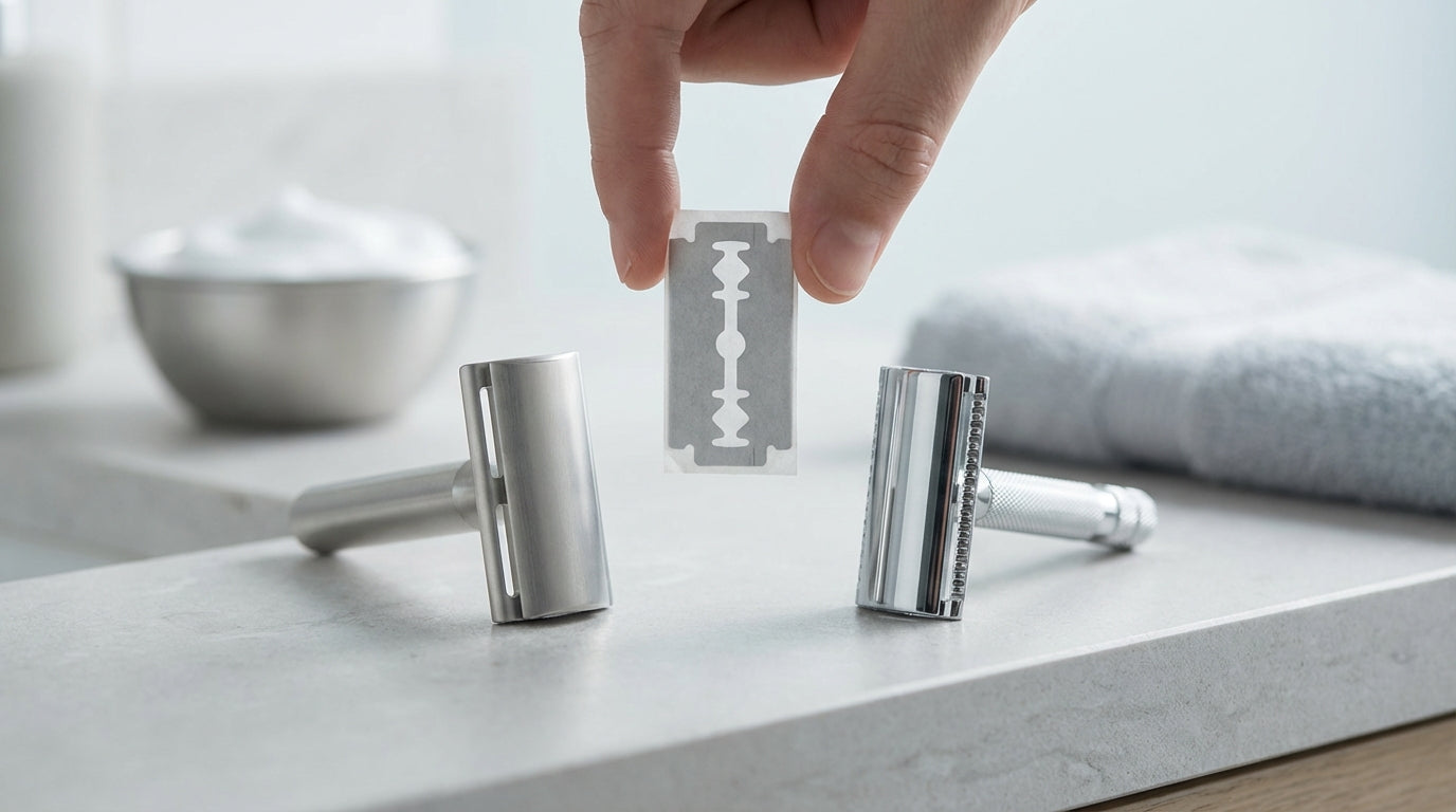 Rasoir de sûreté Lamier ALZ-PREMIUM – Argenté – lame DE tenue au-dessus de deux têtes de rasoir ouvertes sur lavabo minimaliste