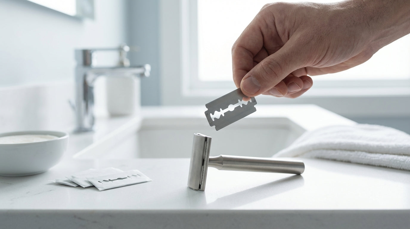 Rasoir de sûreté Lamier ALZ-PREMIUM – Argenté – main tenant une lame DE au-dessus du rasoir sur lavabo minimaliste