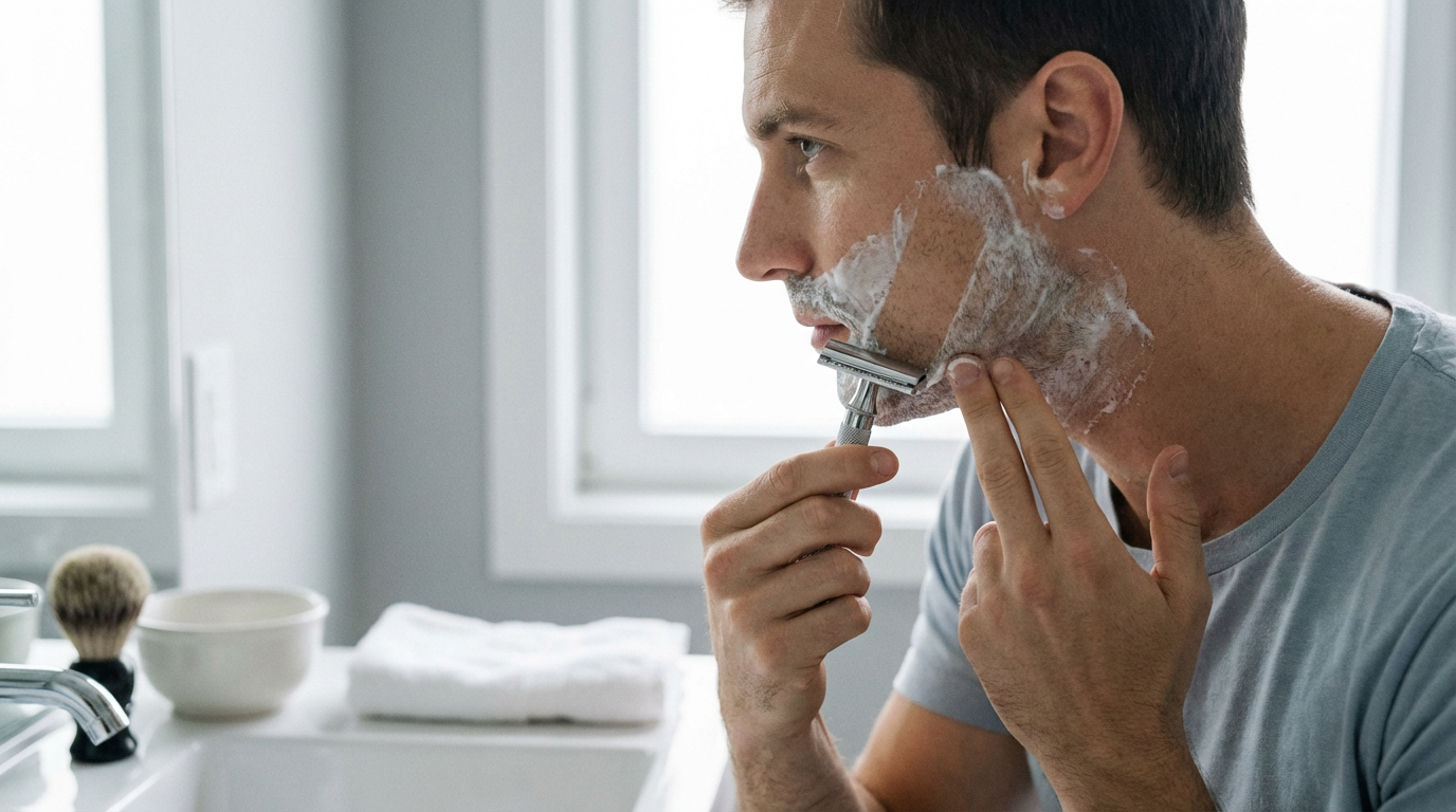 Rasoir de sûreté Lamier ALZ-PREMIUM – Argenté – homme se rasant avec mousse et geste contrôlé pour limiter les passes