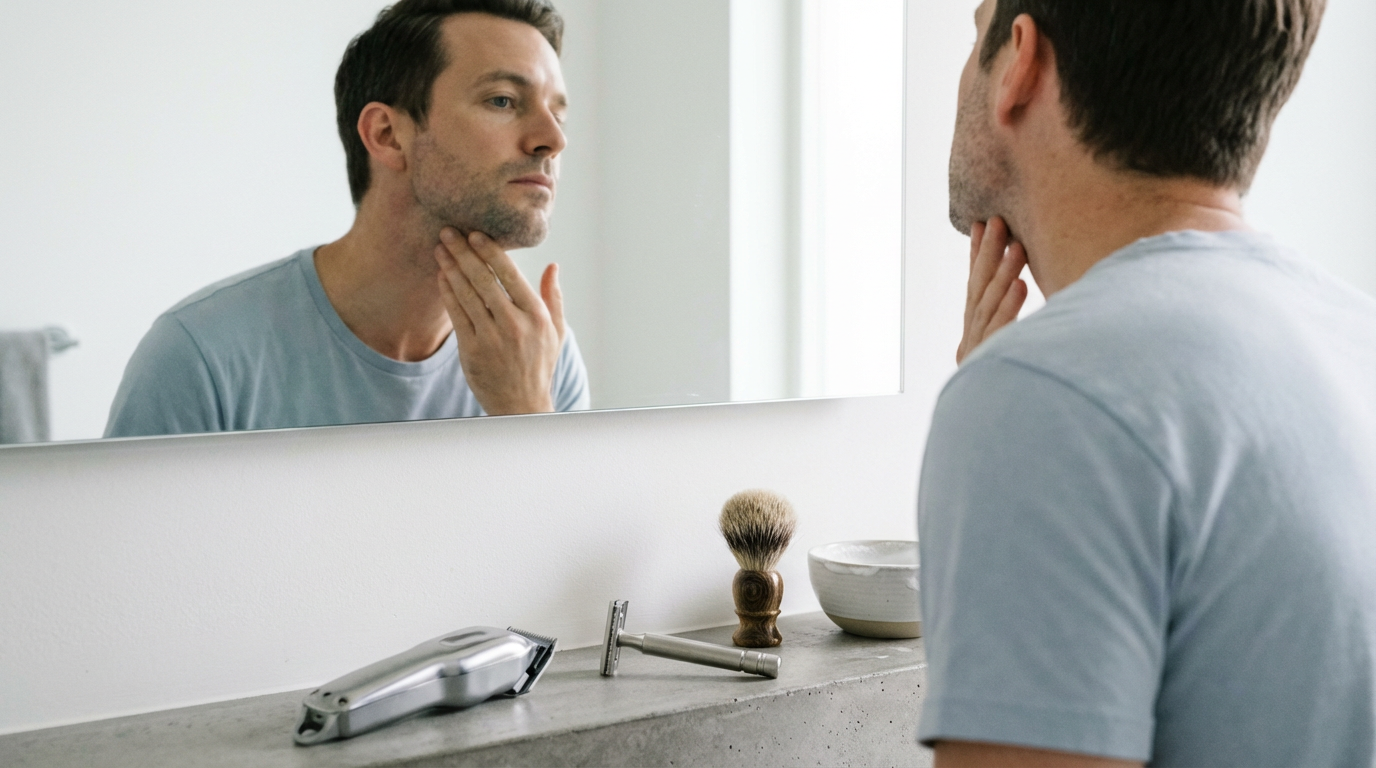 Rasoir de sûreté Lamier ALZ-PREMIUM – Argenté – homme devant miroir avec ombre de barbe et rasoir posé sur lavabo