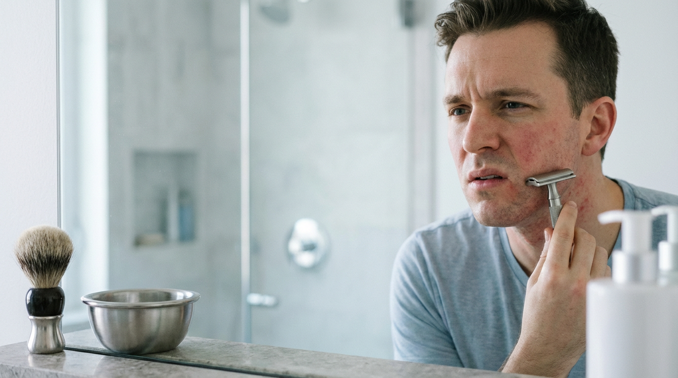 Rasoir de sûreté Lamier ALZ-PREMIUM – Argenté – homme se rasant sans mousse avec peau irritée