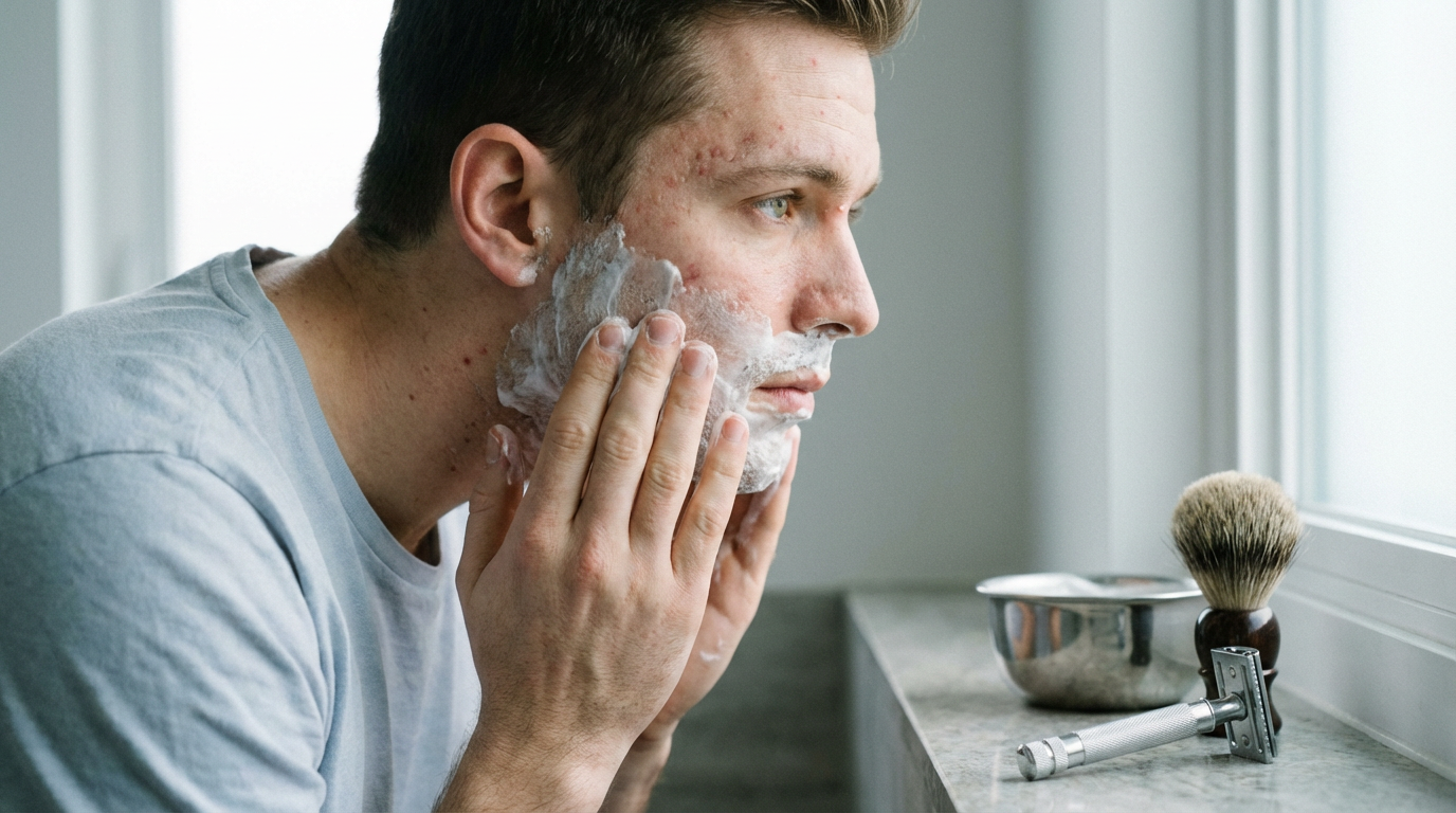 Rasoir de sûreté Lamier ALZ-PREMIUM – Argenté – homme au visage avec acné légère appliquant mousse de rasage