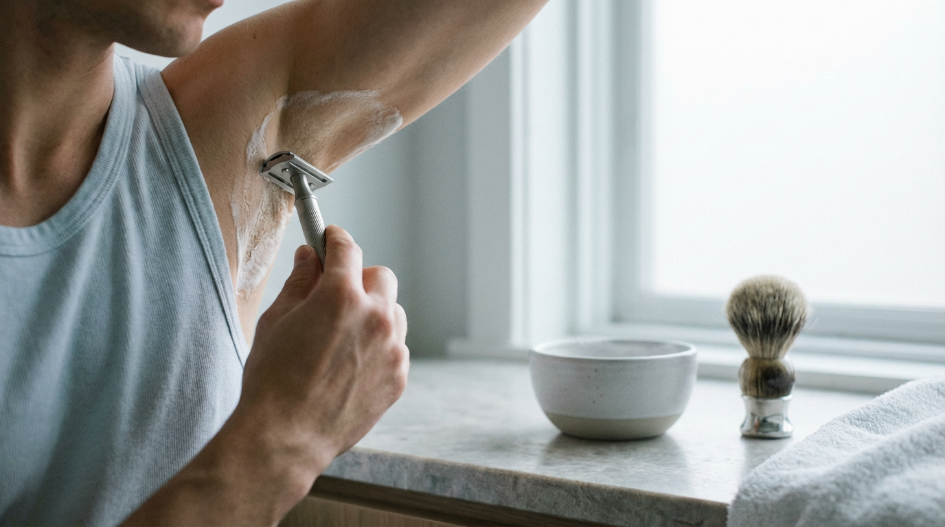 Rasoir de sûreté Lamier ALZ-PREMIUM – Argenté – rasage d’une aisselle avec mousse en salle de bain minimaliste