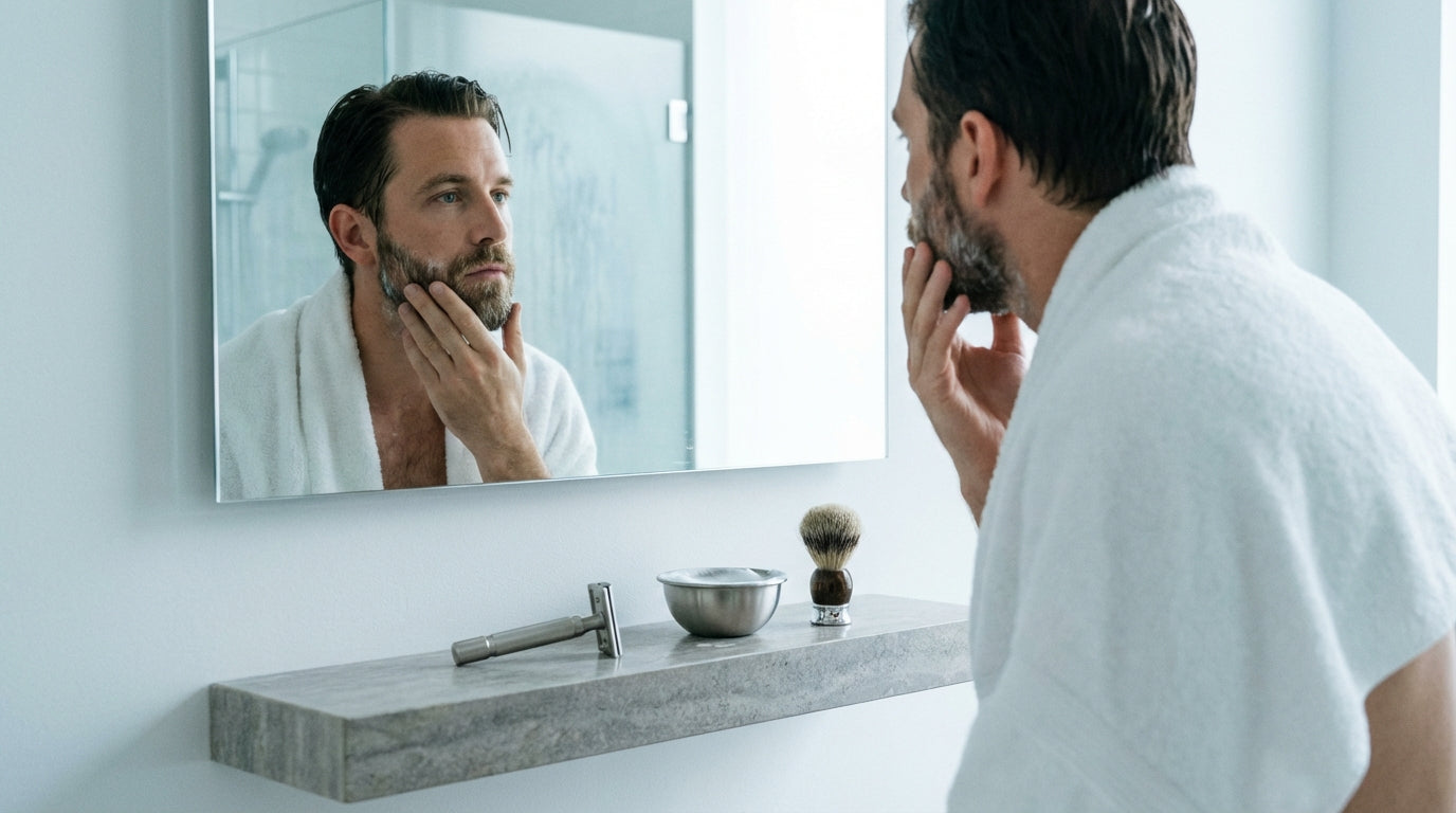 Rasoir de sûreté Lamier ALZ-PREMIUM – Argenté – homme devant miroir après douche avec rasoir et bol de mousse sur lavabo minimaliste