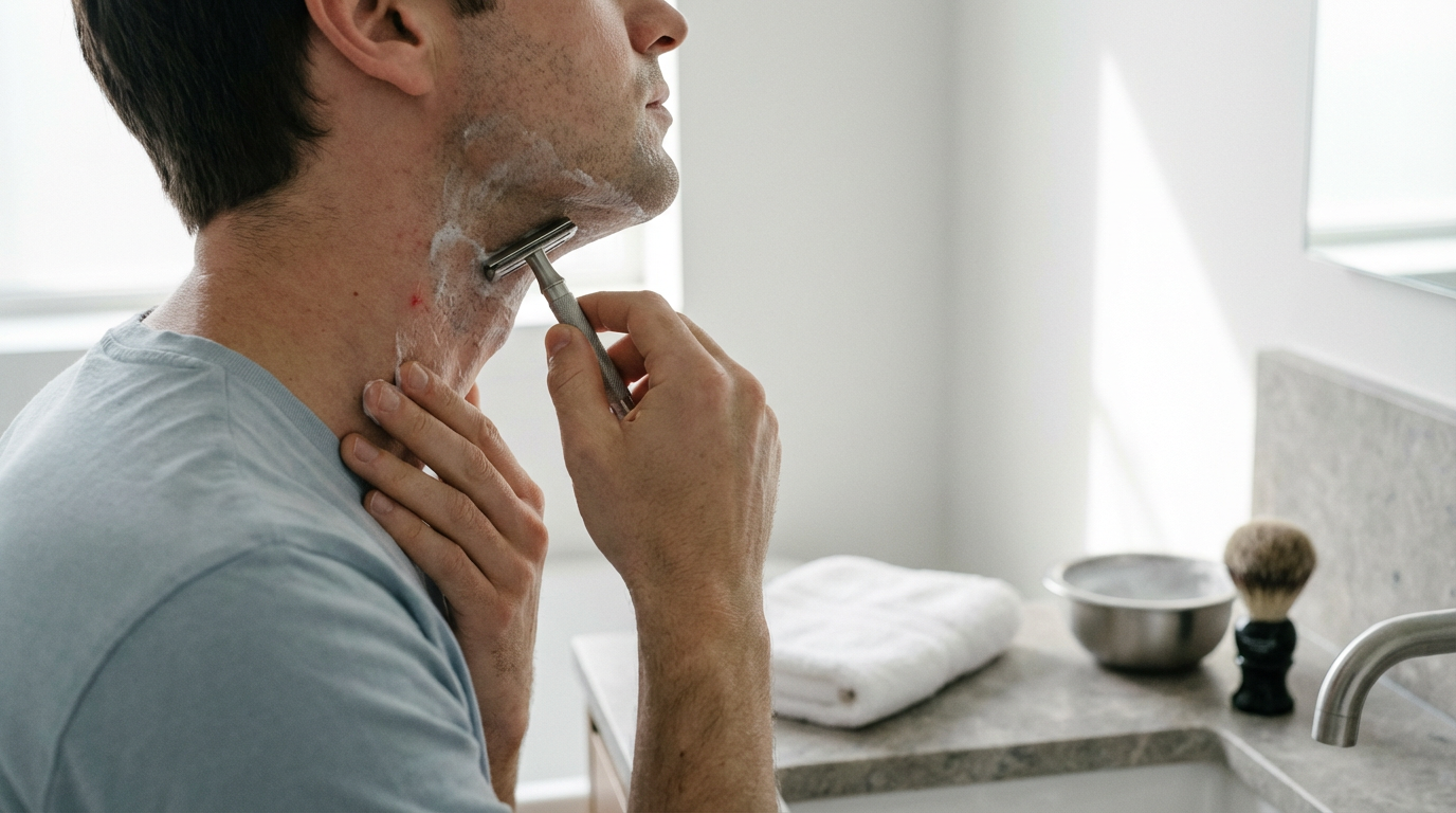 Rasoir de sûreté Lamier ALZ-PREMIUM – Argenté – homme devant miroir rasant le cou avec gestes courts et mousse de rasage
