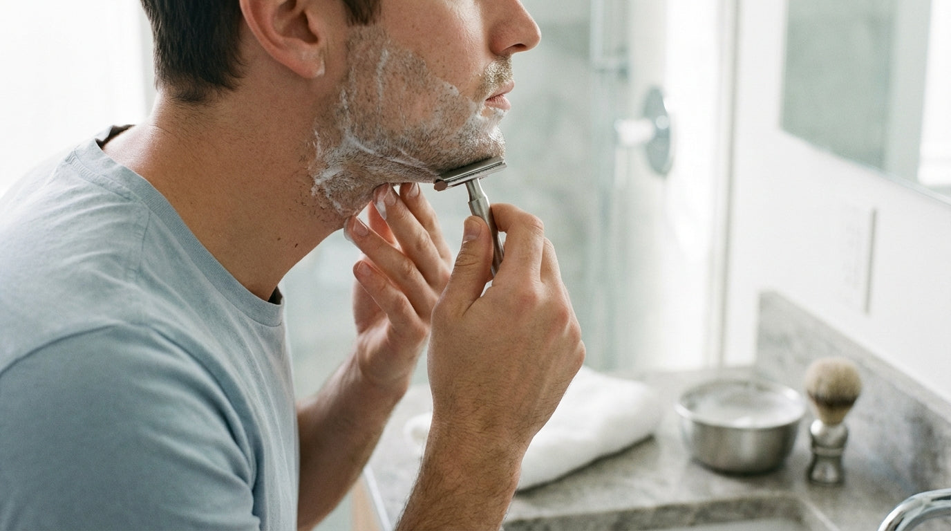 Rasoir de sûreté Lamier ALZ-PREMIUM – Argenté – homme rasant le menton avec gestes courts devant miroir