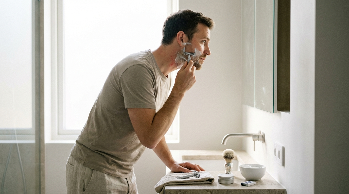 Rasoir de sûreté Lamier ALZ-PREMIUM – Argenté – homme se rasant le matin avec mousse légère et baume prêt pour éviter la peau qui brûle
