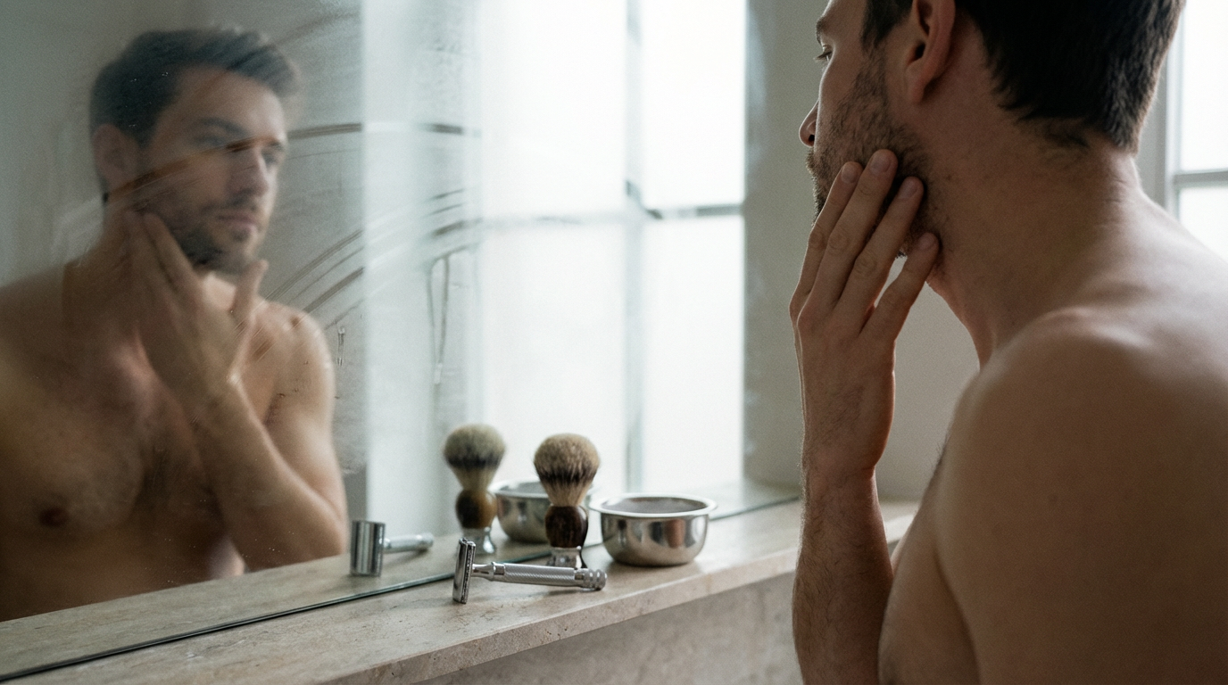 Rasoir de sûreté Lamier ALZ-PREMIUM – Argenté – homme testant le sens du poil sur joue et cou devant miroir avant rasage