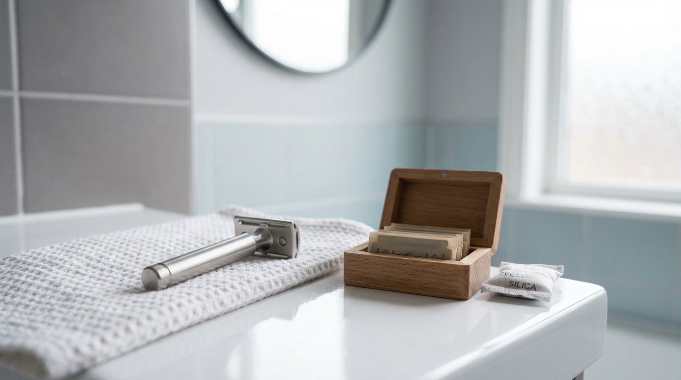 Rasoir de sûreté Lamier ALZ-PREMIUM – Argenté – boîte de rangement avec lames DE sur lavabo minimaliste