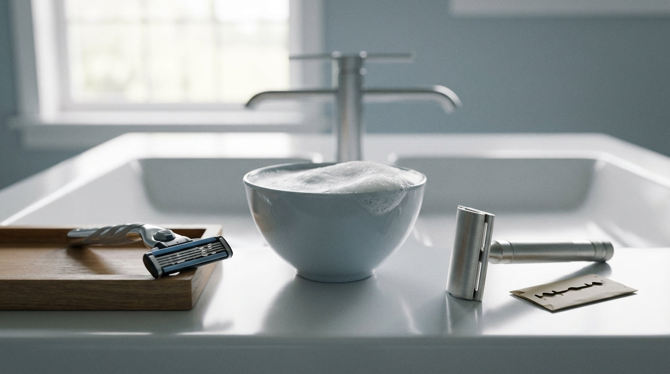 Rasoir de sûreté Lamier ALZ-PREMIUM - Argenté - rasoir multi-lames et rasoir de sûreté posés côte à côte sur lavabo minimaliste